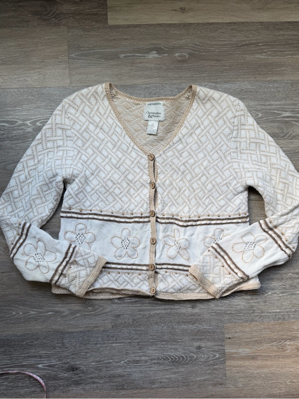 Christopher & Banks Cream and Tan Floral Knit Cardigan